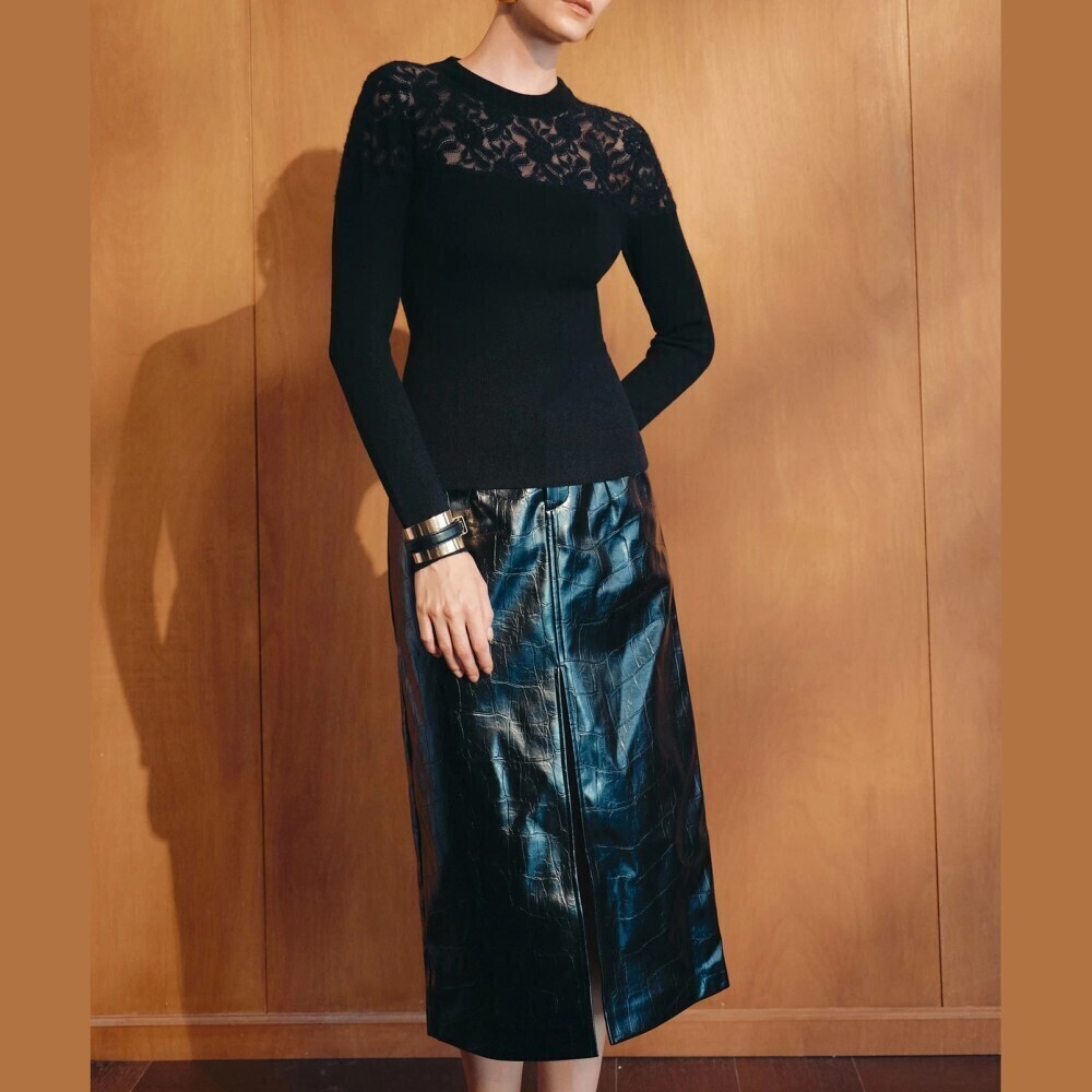 Black Lace Yoke Slim Fit Long Sleeve Knit Sweater